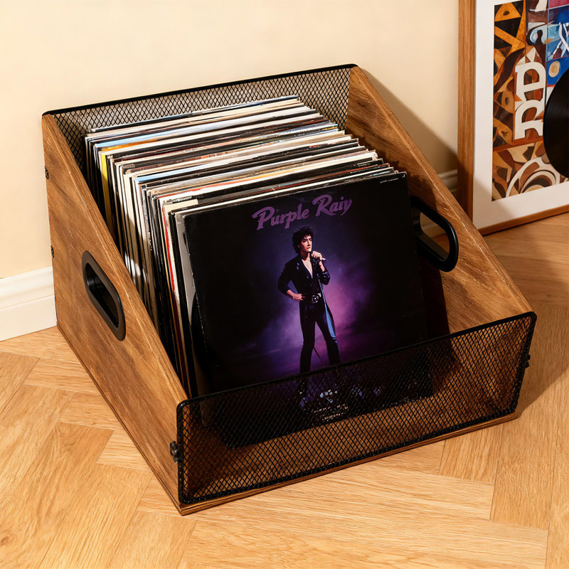17 Stories Wood & Metal Mesh Vinyl Record Storage Crate | Wayfair